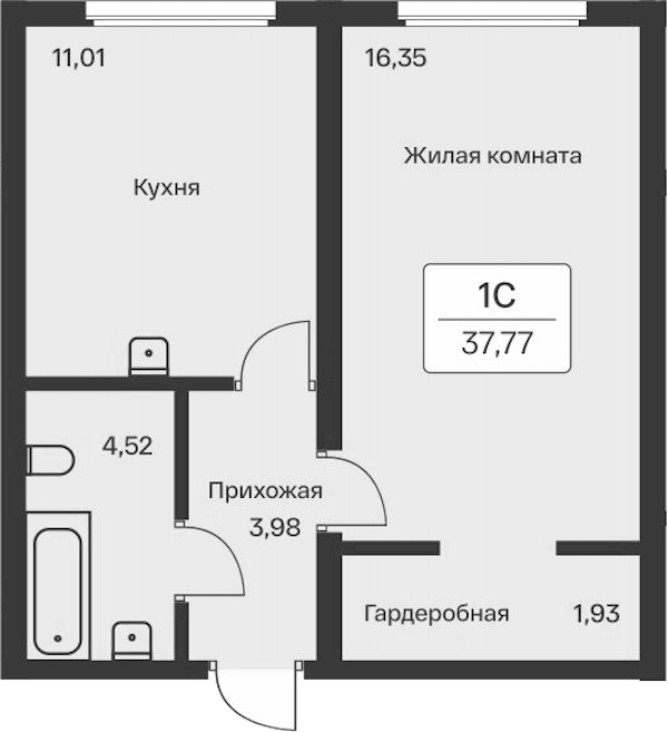 1-комнатная квартира 37.77 м², 1/11 эт., ЖК «Расцветай в Янино»